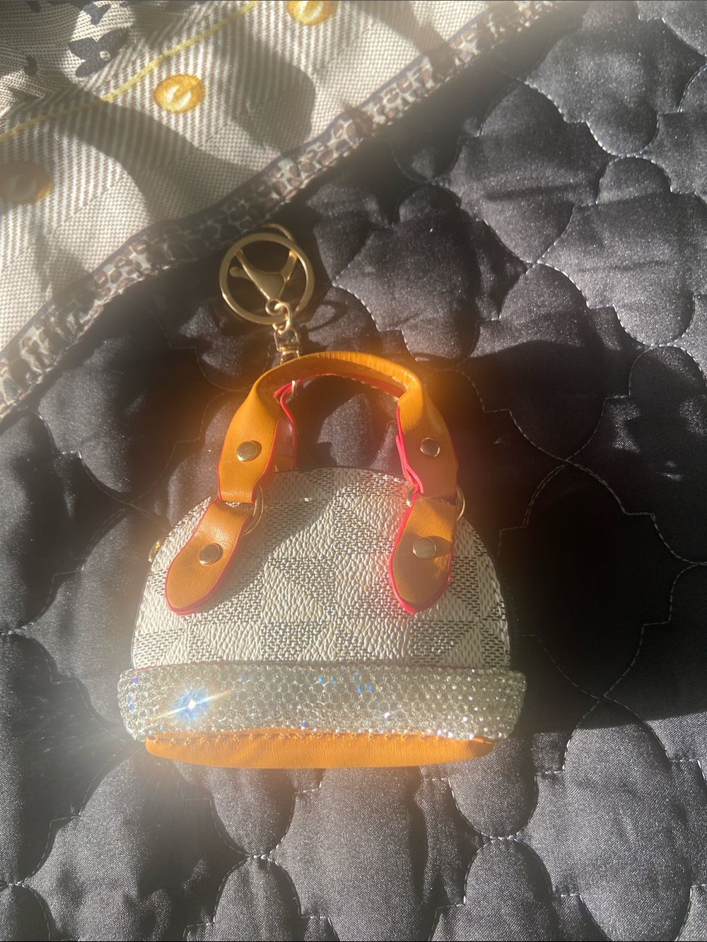Mini Dome Charm rhinestone  Bag Keychain in white and brown